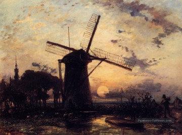  moulin Art - Boatman par un moulin à vent à Sundown impressionnisme Johan Barthold Jongkind paysage ruisseaux